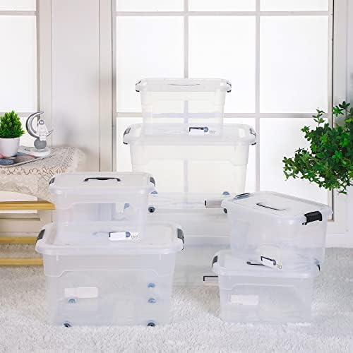 Sadnyy 4 Pack Clear Plastic Storage Latch Box Stackable Plastic Storage Bins with Latching Lids and Wheels Clear Large Boxes Organizing Container for Home Garage Closet Classroom(10 Quart)
