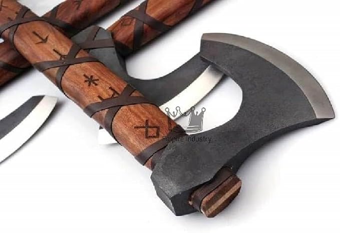 Set of 3 Handmade High Carbon Steel Hunting Axe - Viking Axe - Valhalla Axe with Sheath - Viking Hatchet - Hand Engraved Runes - Hardened Blade - Sword Shop by Empire Industry