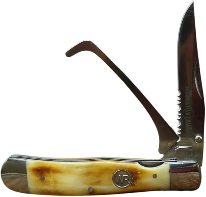 WHISKEY BENT HAT CO. Trapper Folding Pocket Knife with Hoofpick 4.125 Closed Length 440C Stainless Steel Blades (Smooth Burnt Bone)