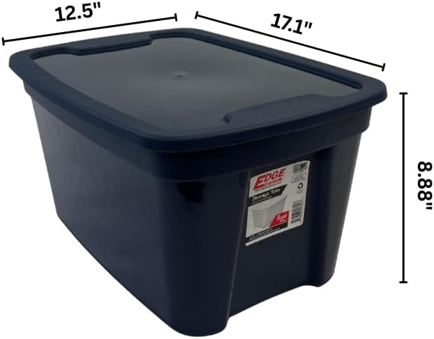 Edge Plastics 5 Gallon Classic Storage Tote 6 Pack durable storage in for home or garage with secure snap lid designed for stacking (6 Ink 5 Gallon)