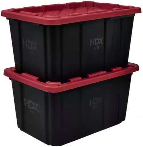 Strong Box Plastic Storage Tote with Black and Yellow or Red Lid 27 Gallon