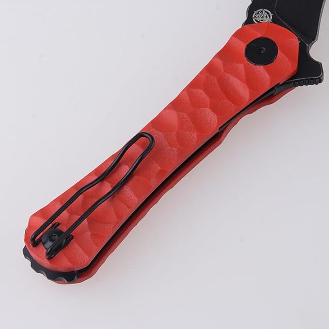 SHIELDON Scythe(XL) Folding Knife 154CM Steel Titanium Coating 2.92 Hawkbill Point Blade Pocket Knife with Red G10 Handle and Reversible Wire Clip