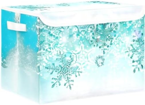 Senya Collapsible Storage Bins with Lids Silver Winter Teal Turquoise Snowflakes Christmas Storage Boxes Clothes Baskets for Organizing