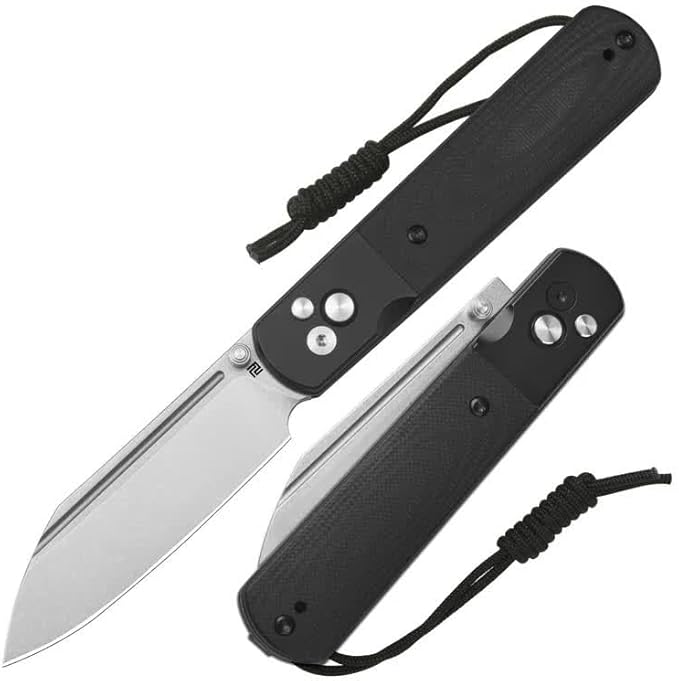 ARTISANCUTLERY Holm Folding Pocket Knife EDC Knife with 3.10'' AR-RPM9 Steel Handle with Black PVD Steel and G10 Inlay Button Lock with Safety Switch for Camping Survival Outdoor 1875P Black