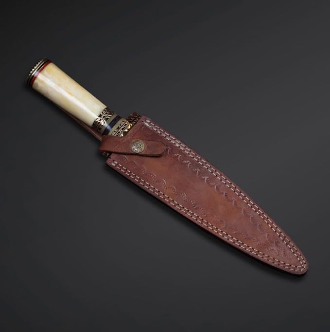 Empire Handmade Damascus Steel Double Edge Fixed Blade Hunting Dagger Knife - Straight Edge - Camel Bone Handle - 16 Inch Long Knife - Sheath Included