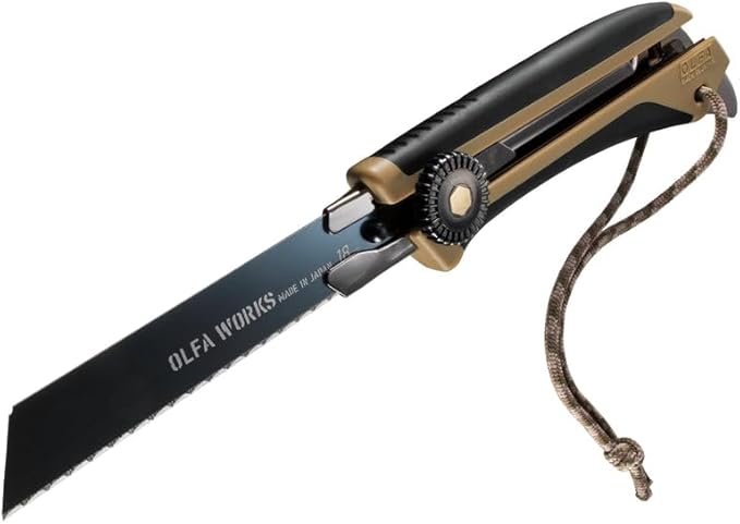 OLFA WORKS OW-OUK-1/SB Outdoor Knife Fine Serrated Edge Blade for Confident Cutting - Multi Purpose Outdoor Knife Designed to Handle Slippery Materials like Rope Plastic and Canvas - Ratchet-wheel