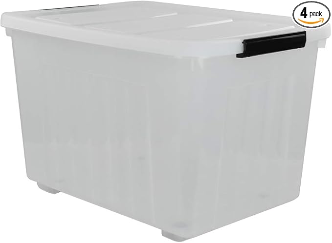 Kekow 70 L Clear Large Storage Box Plastic Latch Box with Wheels 4-Pack