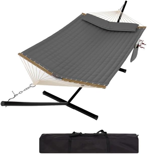 GarveeHome 2 Person Outdoor Hammock with Stand Portable Hammock Heavy Duty Hammock with Carrying Bag Soft Pillow Balance Ropes for Patio Backyard Garden Beach Dark Gray