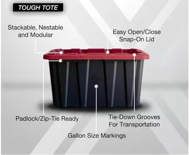 Strong Box Plastic Storage Tote with Black and Yellow or Red Lid 27 Gallon