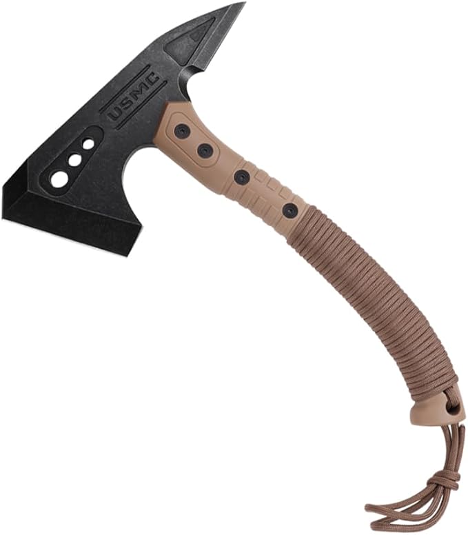 MTECH USA Tactical Tomahawk Licensed by USMC 11 Inch Total Length Black Oxidized Stainless Steel Blade Cord Wrapped Nylon Handle Hunting Camping Tan