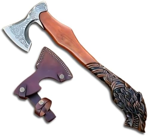 Handmade Tomahawk Bearded Axe Wolf Shaped Carved Rosewood Handle Antique Viking Gift Axe Viking Battle Axe Real Collectible Axe