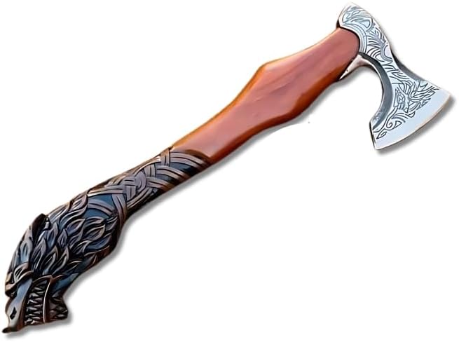 Handmade Tomahawk Bearded Axe Wolf Shaped Carved Rosewood Handle Antique Viking Gift Axe Viking Battle Axe Real Collectible Axe