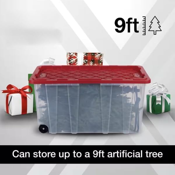 77 Gallon Tough Storage Tote with Wheels in Clear with Red Lid KC23384