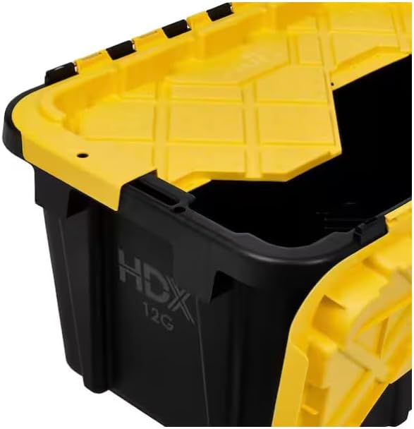 12 Gal. Tough Storage Flip Top Tote in Black with Yellow Lid High-Grade Resin Stackable Lockable