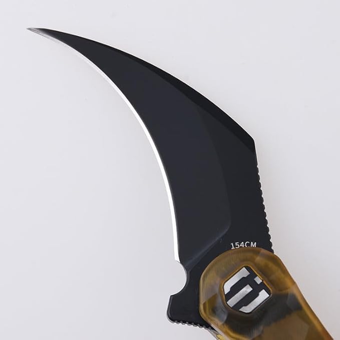 SHIELDON Scythe 2.55 Titanium Coating 154CM Steel Hawkbill Point Blade with Amber PEI Handle and Reversible Wire Clip