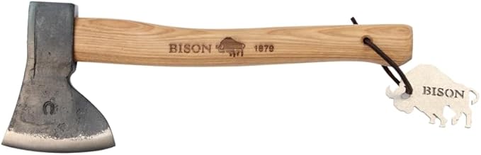 Bison Hatchet 1879 500 g I Allrounder 330 mm Long for Forest Camping &amp Outdoor I Hand Forged I Triple Safety Wedging with Genuine Leather Cutting Protection Natural
