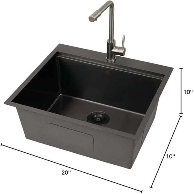 STARSTAR Workstation Ledge Topmount/Drop-in Single Bowl Satin Brass Matte Stainless Steel Kitchen/Yard/Bar/Laundry/Office Sink With Grid Colander Cutting Board Strainer with Basket (23x20x9 Black)
