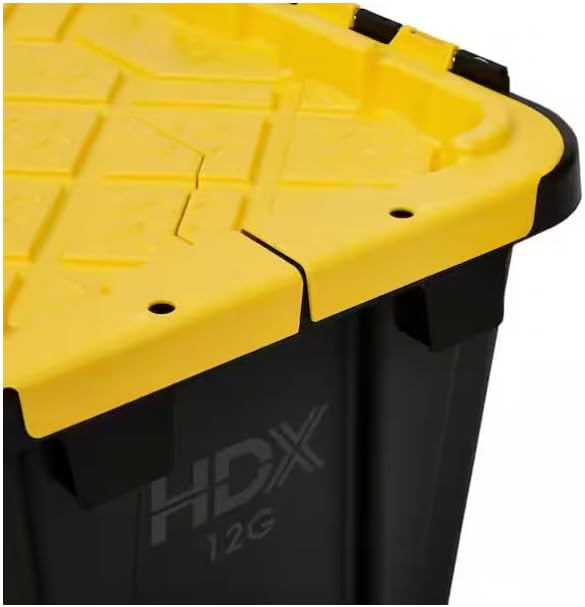 12 Gal. Tough Storage Flip Top Tote in Black with Yellow Lid High-Grade Resin Stackable Lockable