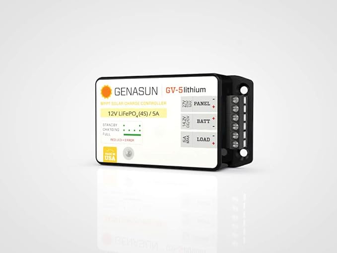 Genasun GV-5-Li-14.2V 5 A MPPT Solar Charge Controller for Lithium (4S LiFePo4) Battery and 5 A Load Output with Low Voltage Disconnect (LVD)
