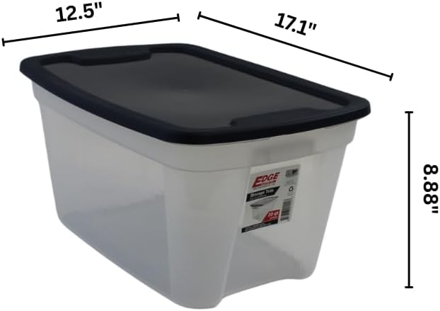 Edge Plastics 5 Gallon Classic Storage Tote 6 Pack durable storage in for home or garage with secure snap lid designed for stacking (6 Clear with Ink Lid 5 Gallon)