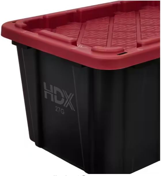 Strong Box Plastic Storage Tote with Black and Yellow or Red Lid 27 Gallon