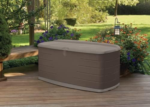 Rubbermaid Large Resin Outdoor Storage Deck Box with Seat (90 Gal) Weather Resistant Brown Deck Organization for Home/Backyard/Pool Chemicals/Toys/Garden Tools/Porch/Patio Cushions