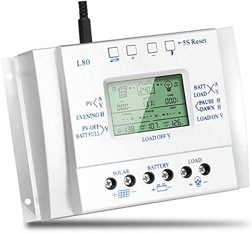 80A Solar Charge Controller 80 amp Solar Panel Regulator with Load Timer 12V 24V Auto with LCD Display USB 5V 1500mA and Usd for Control Landscape Lights and Water Features