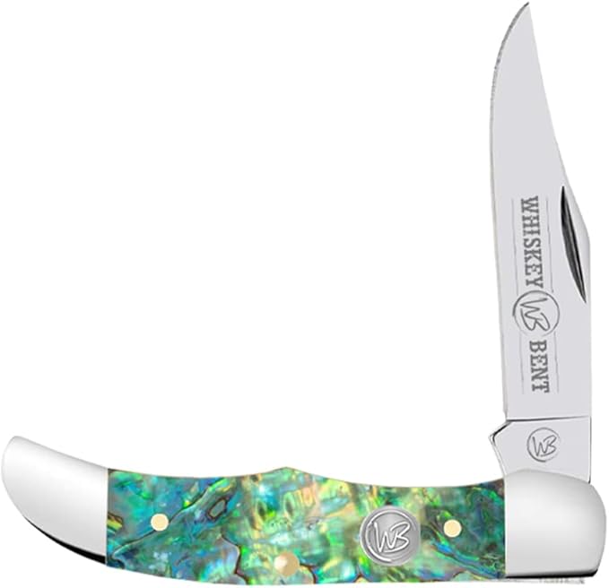 WHISKEY BENT HAT CO. Mini Hunter Folding Pocket Knife 2.75 Closed Length 440C Stainless Steel Blade (Green Abalone)