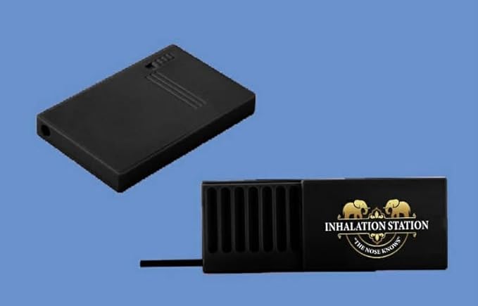 Inhalation Station Black 7 Compartment/Slot Snuff Storage Box w/Built in Slim 3 Metal Straw Portable Travel Case