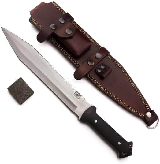 GCS Handmade Survival Hunting Knife and Bowie Black G10 Handle with Brown Leather Right or Left Hand Horizontal Fixed Blade Knife Sheath &amp Sharpening Stone (D2-16.5 Trail Master