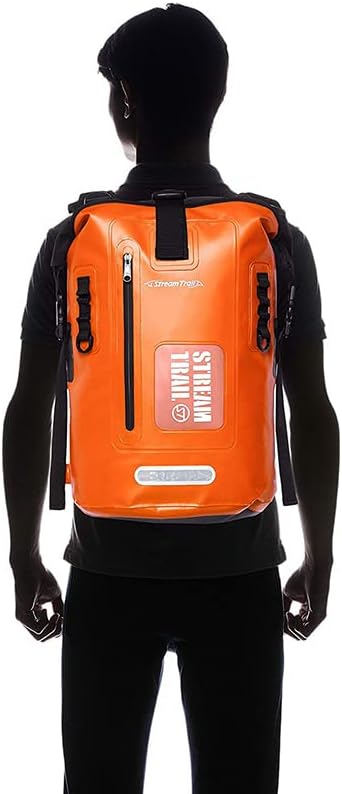 Stream Trail Waterproof Backpack 25L Heavy Duty Roll-Top Closure with Easy Access Front-Zippered Pocket and Cushioned Padded Back Panel for Comfort IPX6 Water Rsistance Dry Bag Orange