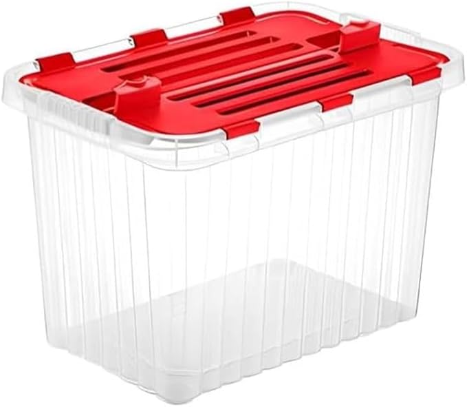 Superio Red Storage Box with Red Hinged Lids 6 Pack Plastic Container Bins for Organizing with Attached Lid Stackable Crates BPA Free Organizers for Home Office Dorm (6 17 Quart)