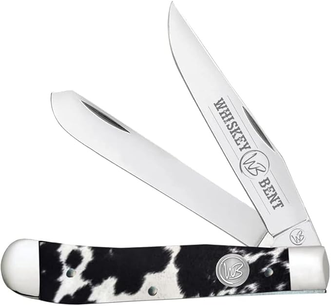 WHISKEY BENT HAT CO. Traditional Trapper Folding Pocket Knife 4.125 Closed Length 440C Stainless Steel Blades (Black Hide)
