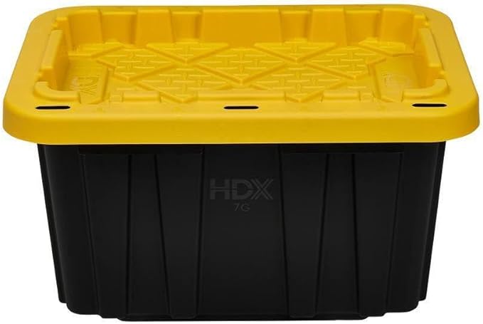 7 Gallon Heavy-Duty Stackable Storage Bins with Lids Black Professional Grade Organizers with Reinforced Yellow Snap-Fit Lids (Pack of 4)