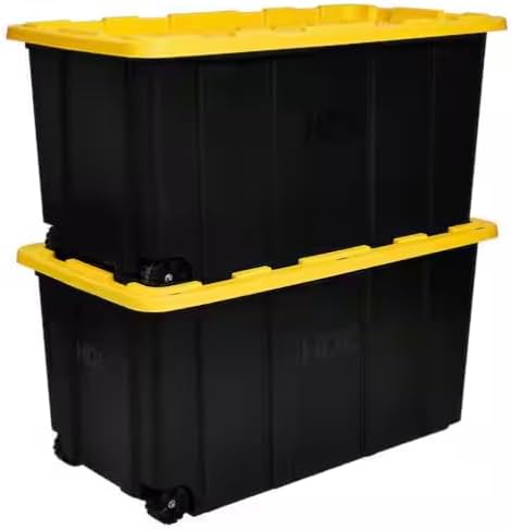 77 Gallon Tough Storage Tote with Wheels Black with Yellow Lid