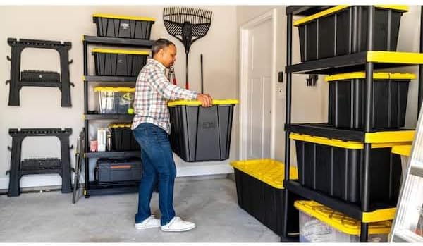 57 Gallon Tough Storage Tote with Snap-On Lid Black with Yellow Lid Stackable