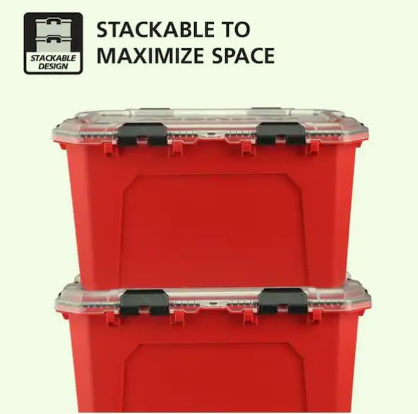 Professional Heavy Duty Waterproof Stackable Plastic Storage Container with Hinged Lid in Red (20 Gallons)