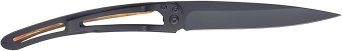 deejo - 37G Folding Pocket Knife with Belt Clip - Howling Design 3.7-Inch Stainless Steel Blade Black Titanium Finish Olive Wood Handle - Lightweight Everyday Carry for Home Work and Outdoor Use