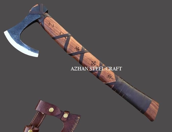 Handmade Viking Battle Axe - Wooden Handle with Rope Wrap Hand-Forged Steel Blade.
