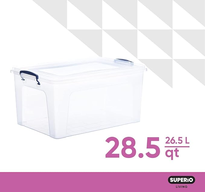 Superio Clear Storage Boxes with Lids Plastic Container Bins for Organizing Stackable Crates BPA Free Non Toxic Odor Free Organizers for Home Office School and Dorm (28.5 Quart 12 Pack)