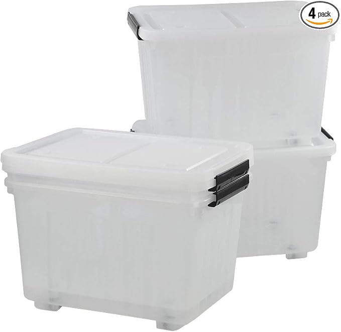 30 L Ultra Latching Box Storage Bins with Lids Clear Plastic Organizing Containers for Closet Bathroom and Office