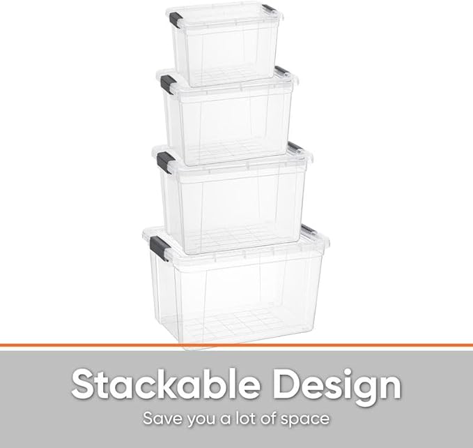 Superio Clear Storage Bins with Lids X-Deep (4 Pack) Small Organizer Box for Home Kitchen Garage- Store Food Supplies and Hair Accessories (2.5 4.75 8.7 14.25 Qt)
