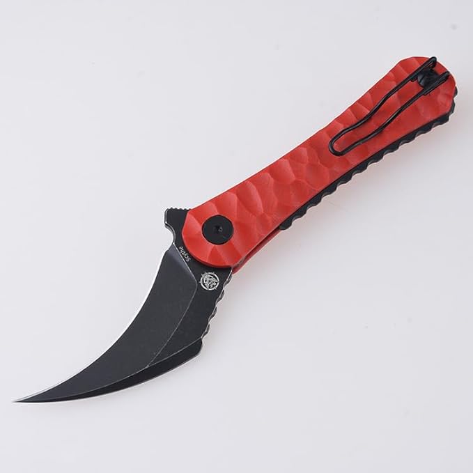 SHIELDON Scythe(XL) Folding Knife 154CM Steel Titanium Coating 2.92 Hawkbill Point Blade Pocket Knife with Red G10 Handle and Reversible Wire Clip