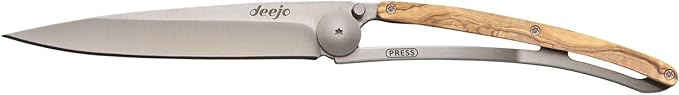 deejo - 27G Folding Pocket Knife with Belt Clip - Naked Grey Titanium Finish 2.95-Inch Stainless Steel Blade Olive Wood Handle - Lightweight Everyday Carry for Home Work and Outdoor Use