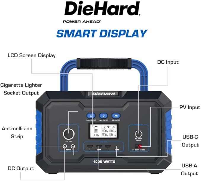 DieHard Portable Power Station 1000-Watt (2000-Watt Peak) - Quiet Lightweight Solution for Home Backup Weather Emergencies Outdoor Recreation Jobsite