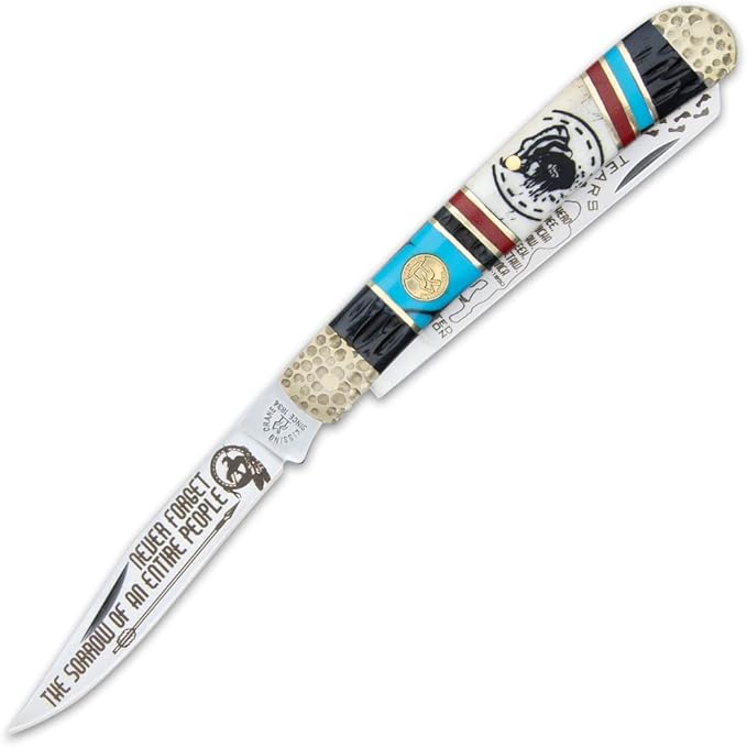 Trapper Knife - Trail of Tears | Pocket Knife for Men | Native American Collectible | 440 Stainless Steel Blades | Bone Handle Scales | Hammered Bolsters | Serialized &amp Limited Edition | Closed 4