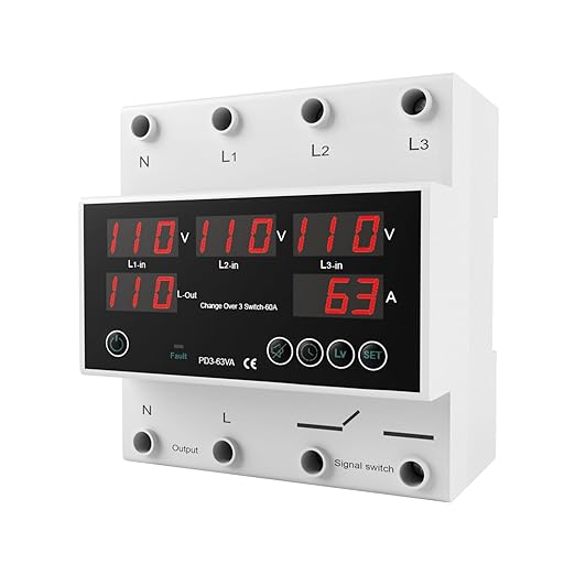 One-Click Setup Automatic Transfer Switch with Priority Phase L1＞L2＞L3 4P 63A 110V 40/50/60/70Hz ATS Electrical Selector Switch Generator Changeover Switch V/A Protector Din Rail Mount