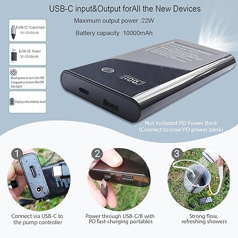 Portable 12V High Pressure Camp Shower Pump Compatible with Car Lighter Plug&ampPD Fast Charging Portable Power Banks by USB-COutdoor Shower for Camping