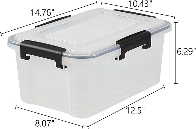 6 Pack 12 Quart Plastic Storage Bins with Gasket Seal Lids Clear Stackable Storage Container Box