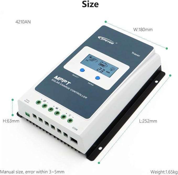 EPEVER 20A MPPT Solar Charge Controller 12/24VDC Automatically Identifying System Voltage with Backlight LCD Display Fit for Lead-Acid and Lithium Batteries